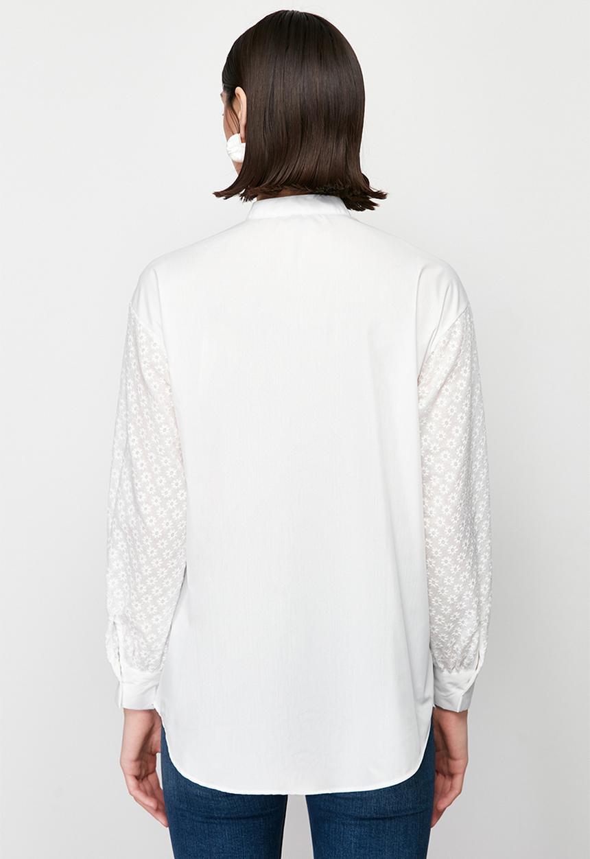 Trendyol - Brode Lace Detail Cotton Woven Shirt - Ecru