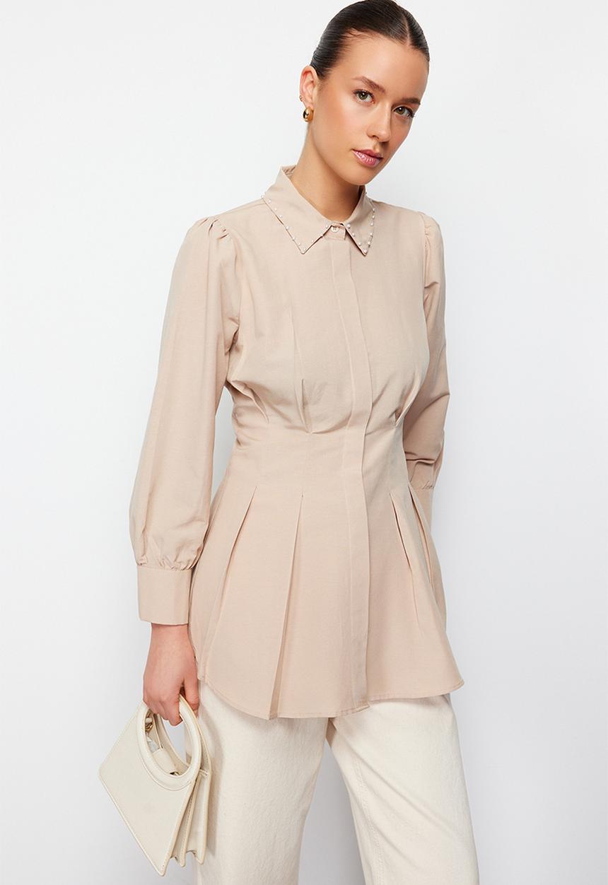 Trendyol - Waist fitted pearl detailed woven shirt - stone