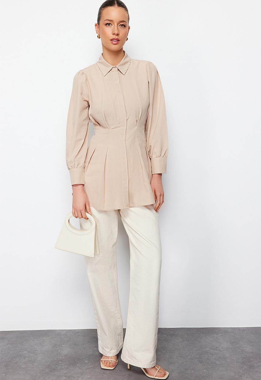Trendyol - Waist fitted pearl detailed woven shirt - stone