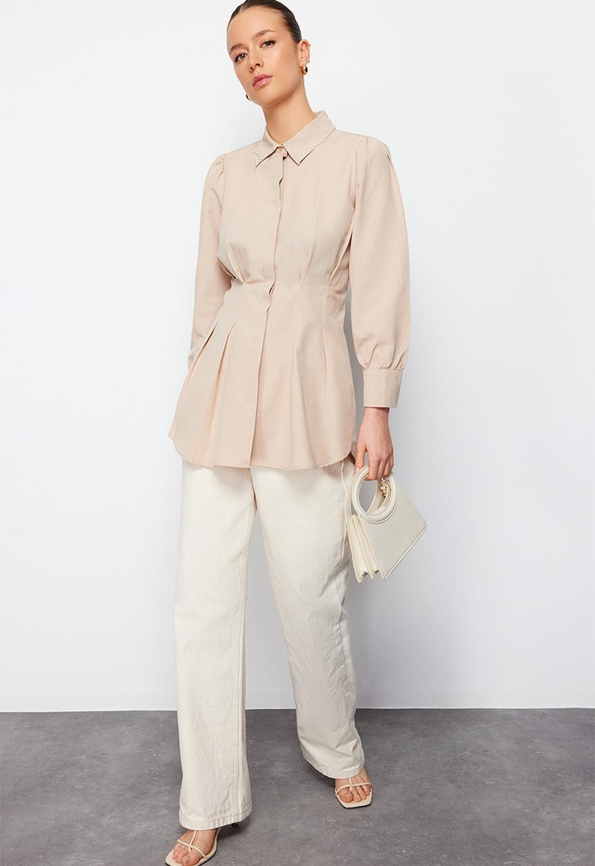 Trendyol - Waist fitted pearl detailed woven shirt - stone