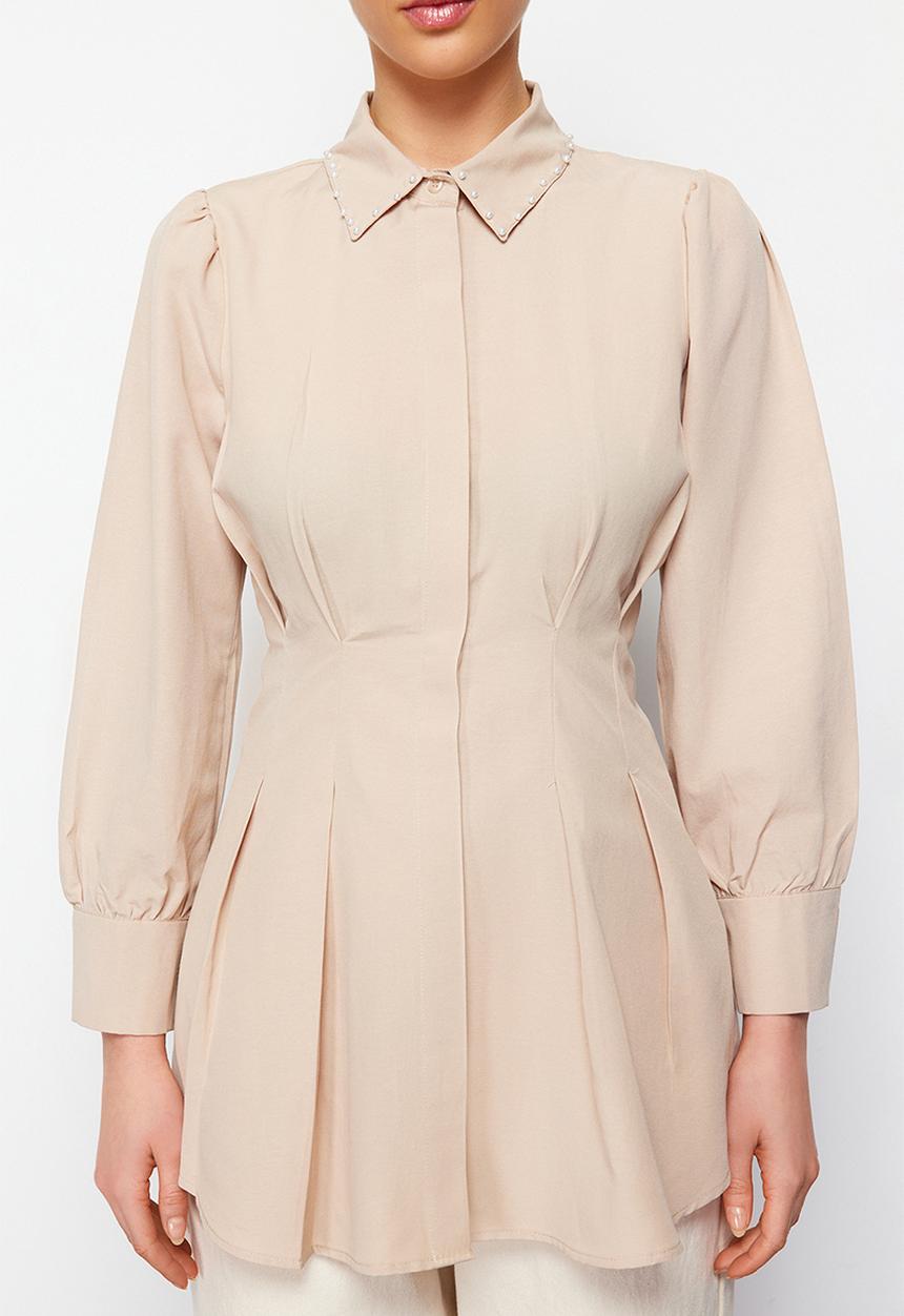 Trendyol - Waist fitted pearl detailed woven shirt - stone
