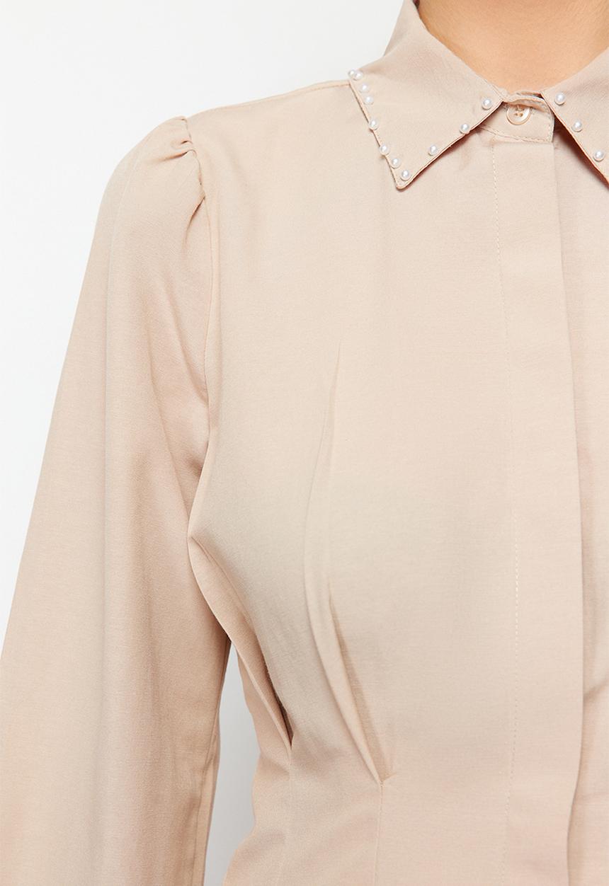 Trendyol - Waist fitted pearl detailed woven shirt - stone
