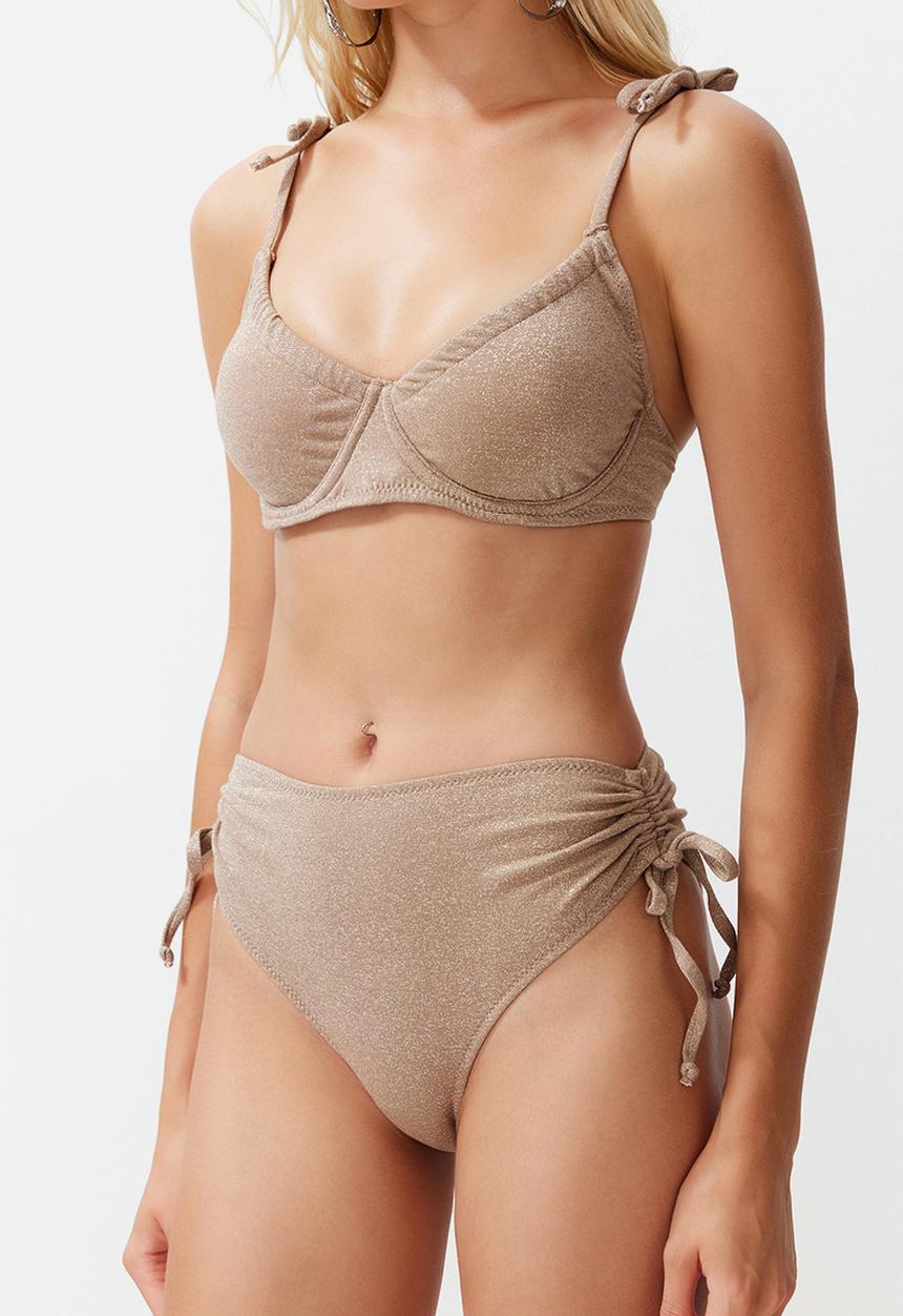 Trendyol - Balconette Tie Silvery High Waist Hipster Bikini Set - Mink
