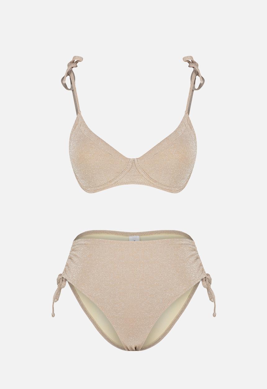 Trendyol - Balconette Tie Silvery High Waist Hipster Bikini Set - Mink