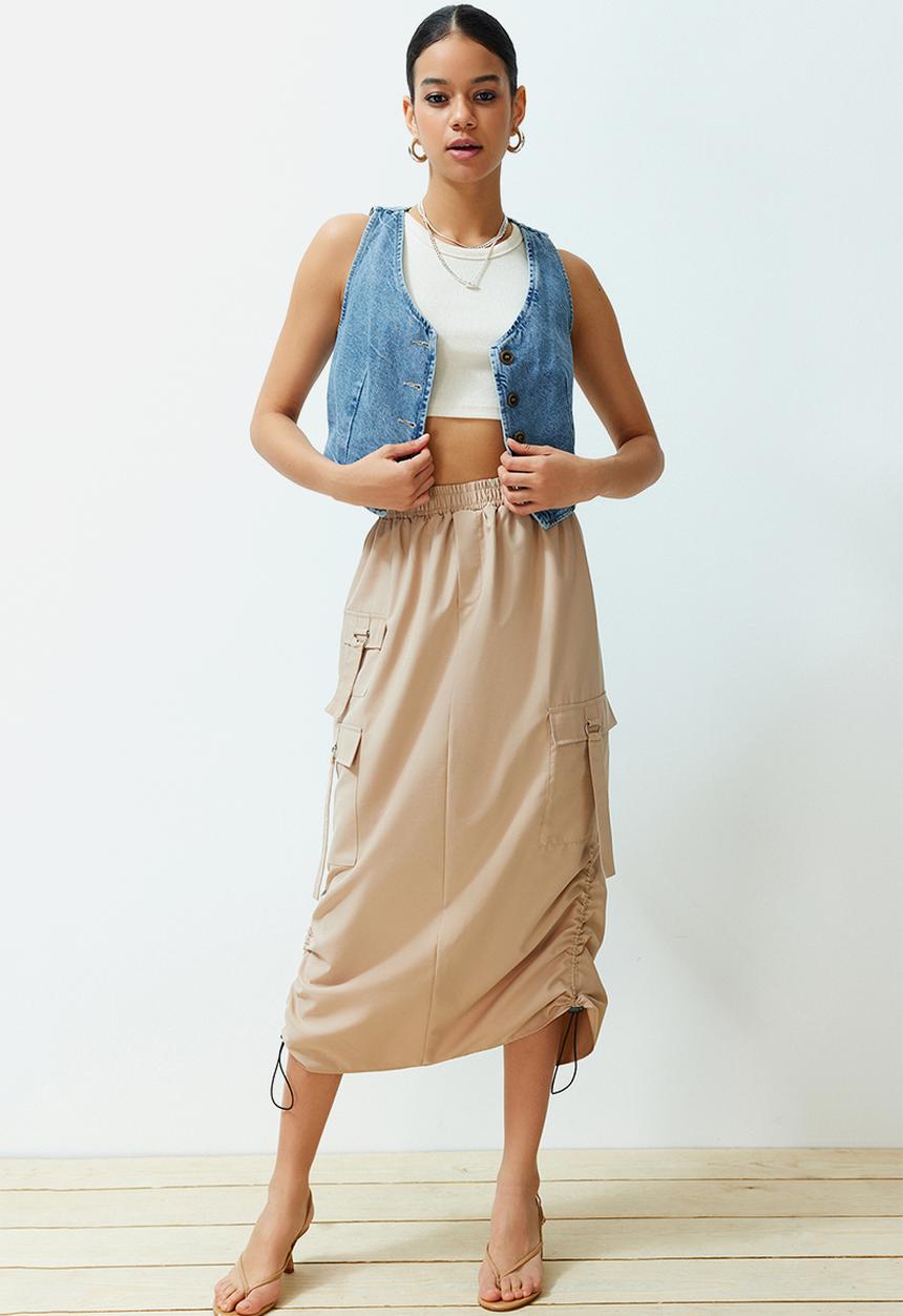 Trendyol - Pocket Cargo Detailed Midi Length Skirt - Beige