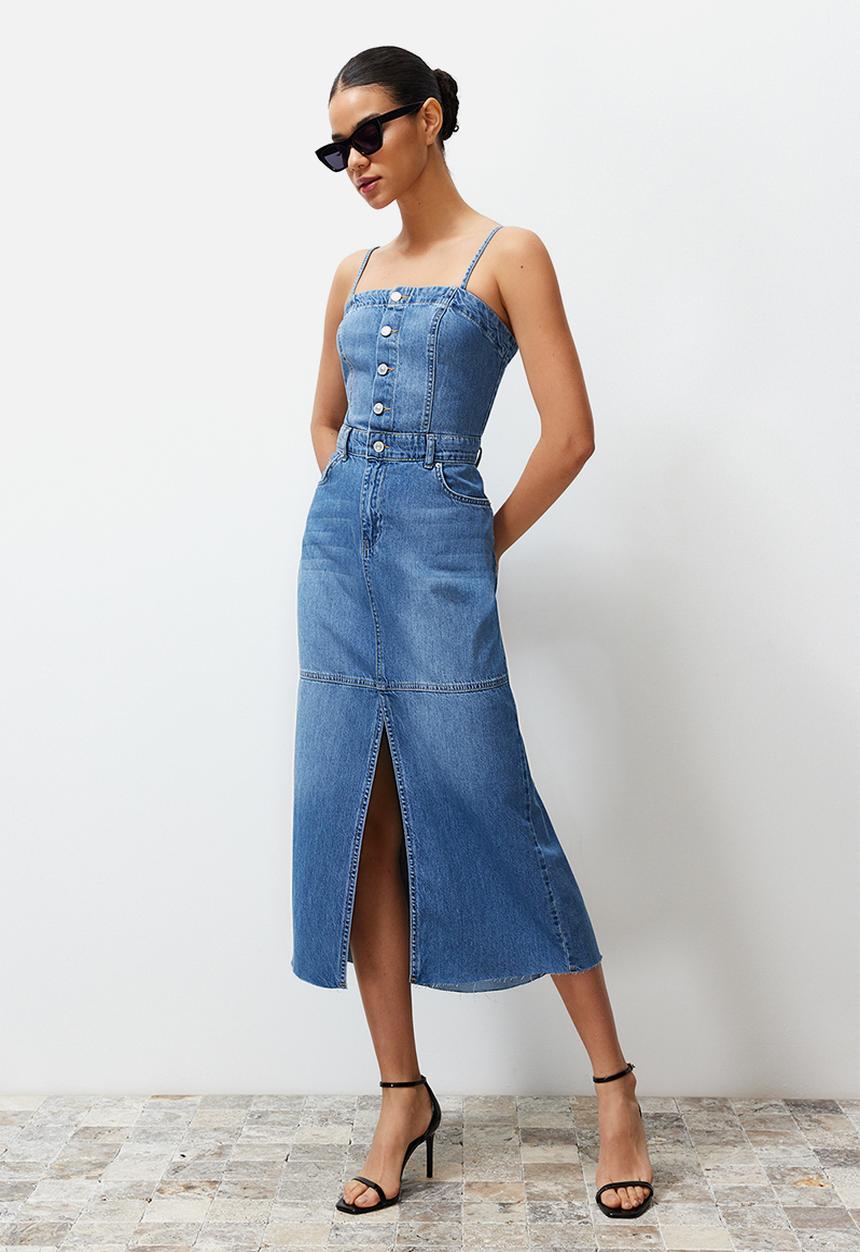 Trendyol - Strappy Denim Maxi Dress - Blue