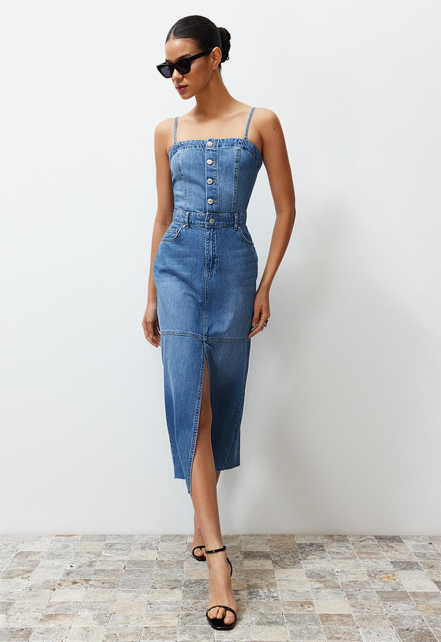 Trendyol - Strappy Denim Maxi Dress - Blue