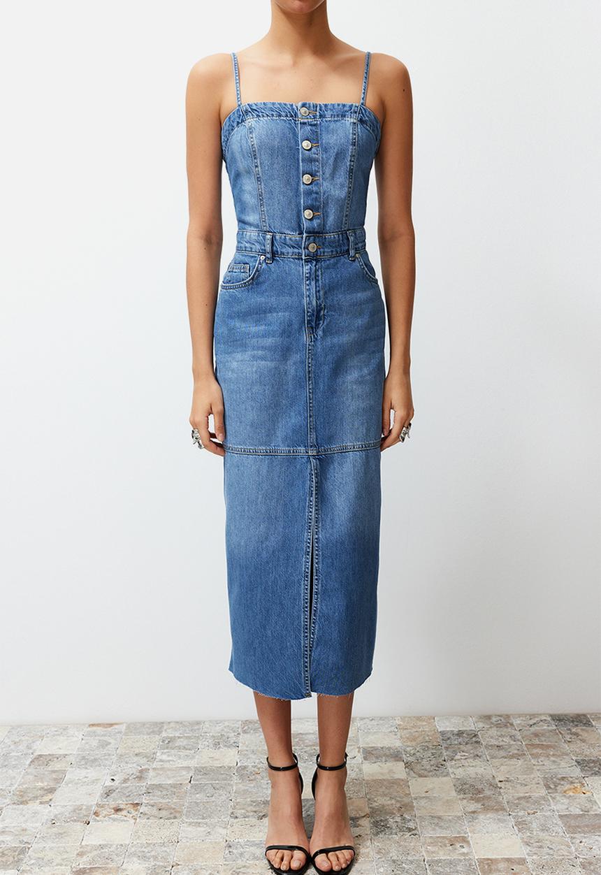 Trendyol - Strappy Denim Maxi Dress - Blue