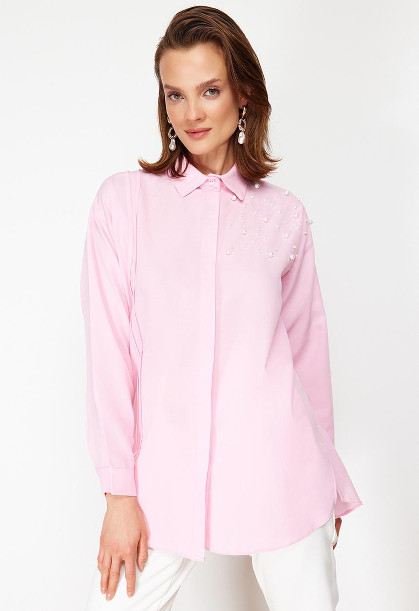 Trendyol - Detailed Cotton Woven Shirt - Pink Pearl