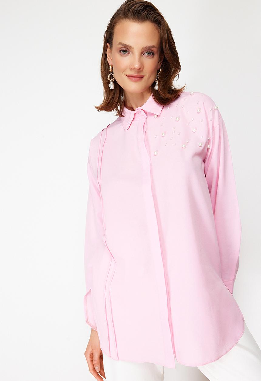 Trendyol - Detailed Cotton Woven Shirt - Pink Pearl
