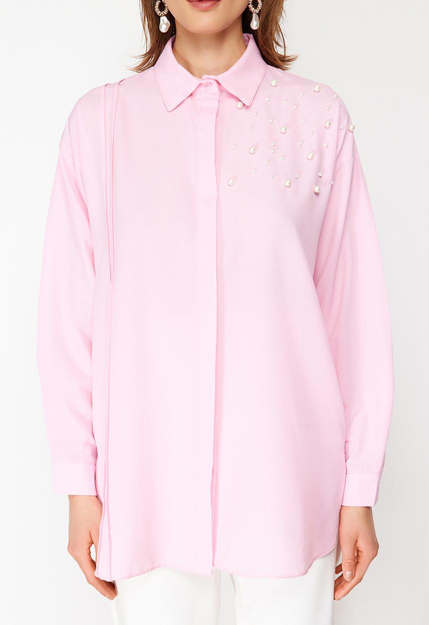 Trendyol - Detailed Cotton Woven Shirt - Pink Pearl