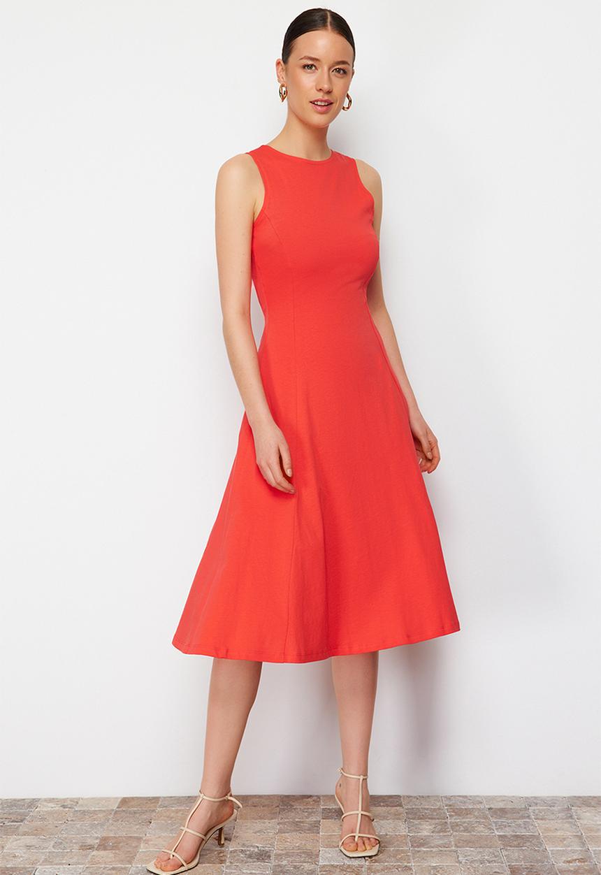 Trendyol - Skater/Waisted Crew Neck Sleeveless Midi Knitted Dress - Red