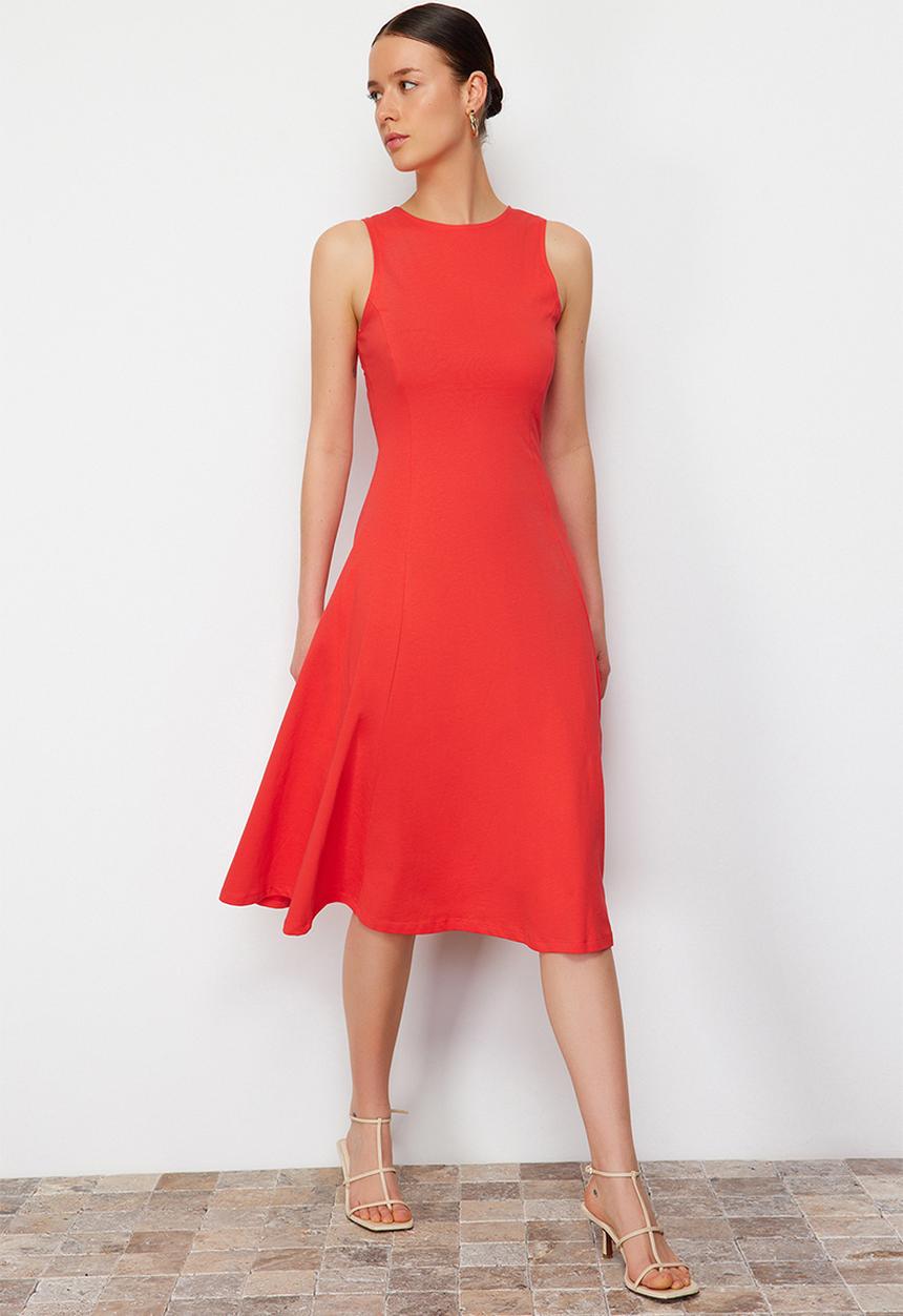 Trendyol - Skater/Waisted Crew Neck Sleeveless Midi Knitted Dress - Red