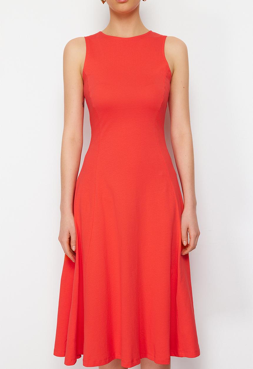 Trendyol - Skater/Waisted Crew Neck Sleeveless Midi Knitted Dress - Red