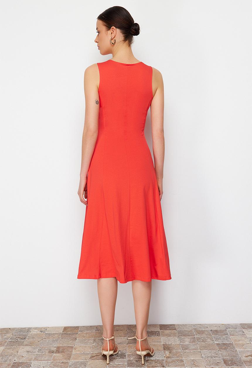 Trendyol - Skater/Waisted Crew Neck Sleeveless Midi Knitted Dress - Red