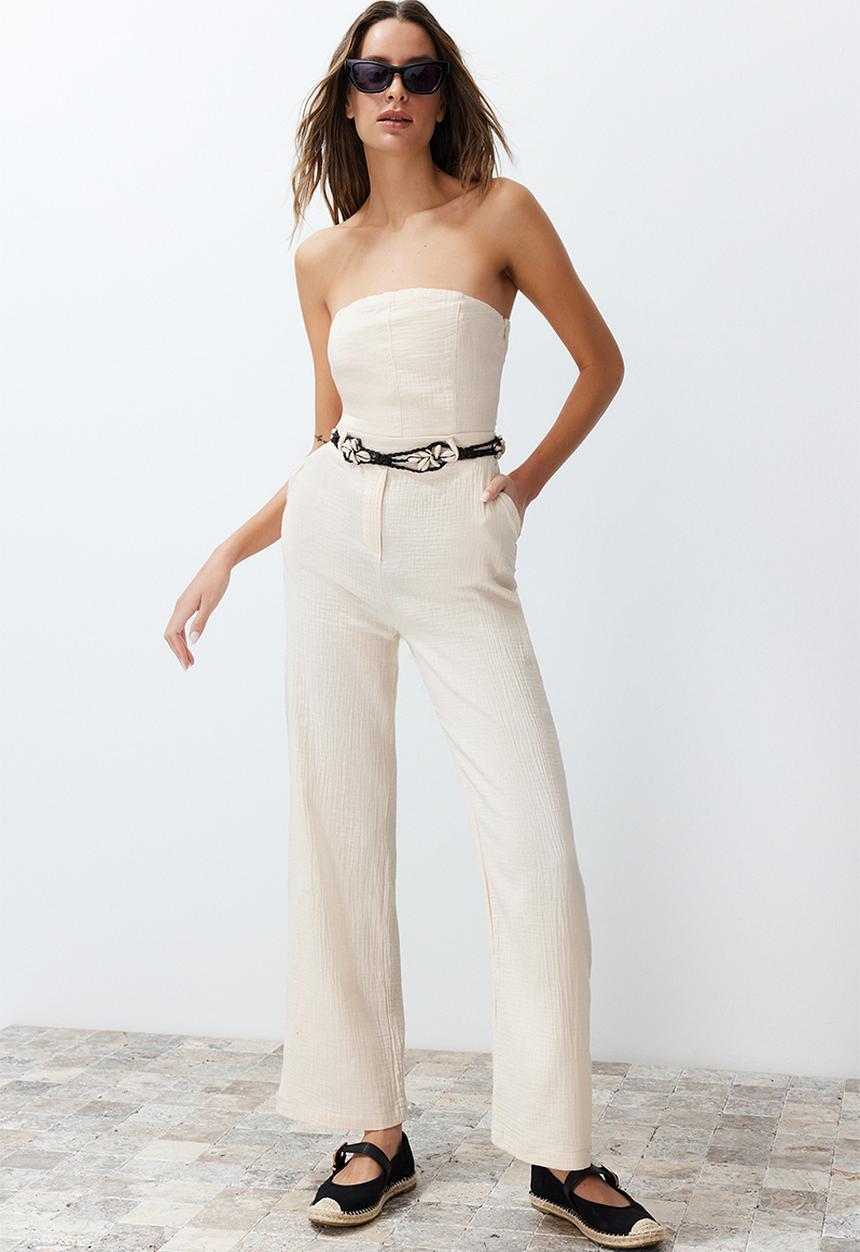 Trendyol - Strapless Collar Linen Look Maxi Woven Jumpsuit - Beige