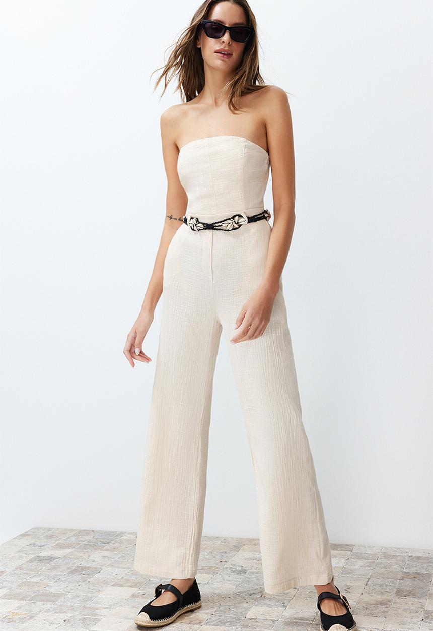 Trendyol - Strapless Collar Linen Look Maxi Woven Jumpsuit - Beige