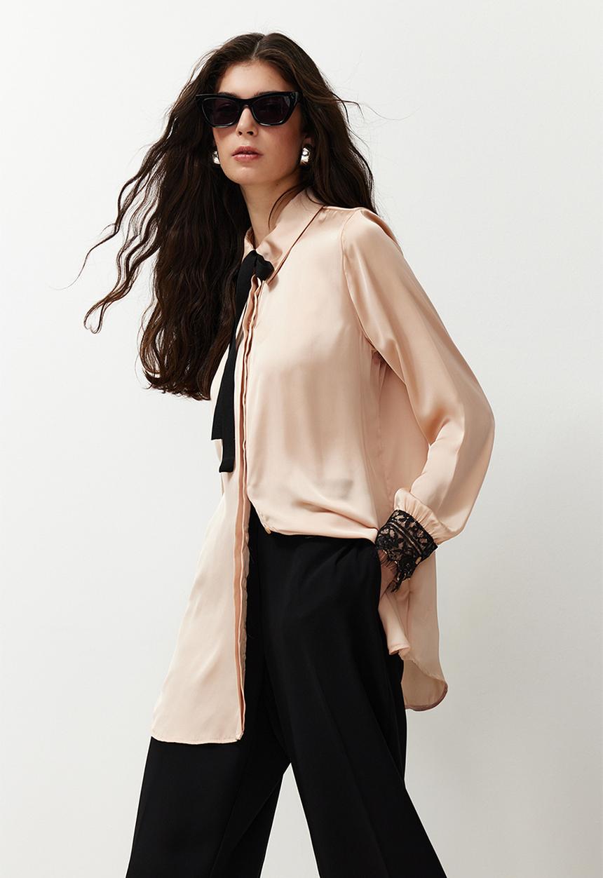 Trendyol - Collar Bow and Lace Detailed Satin Woven Shirt - Beige