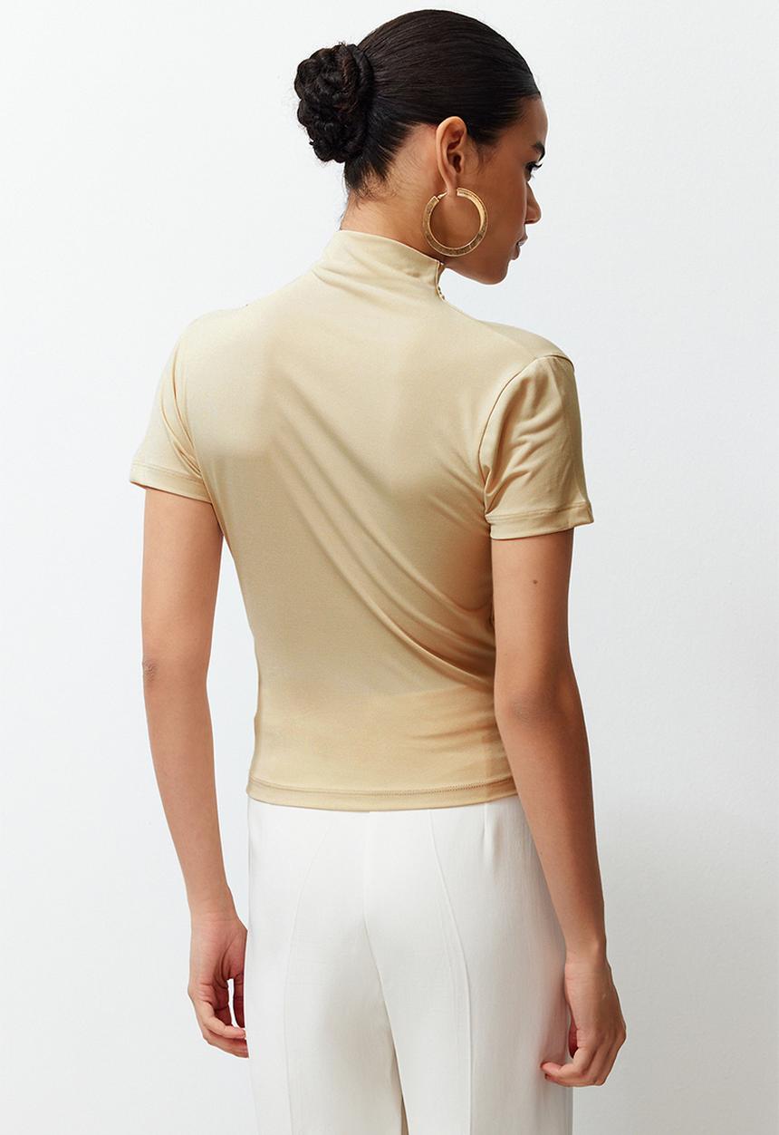 Trendyol - Ruffle/Drape Detail Fitted/Fitted Short Sleeve Stand Collar Stretchy Knitted Blouse - Stone