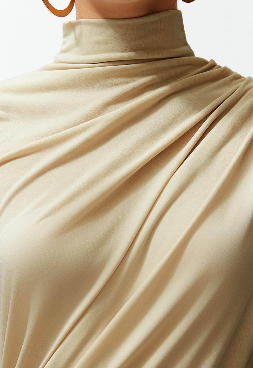 Trendyol - Ruffle/Drape Detail Fitted/Fitted Short Sleeve Stand Collar Stretchy Knitted Blouse - Stone