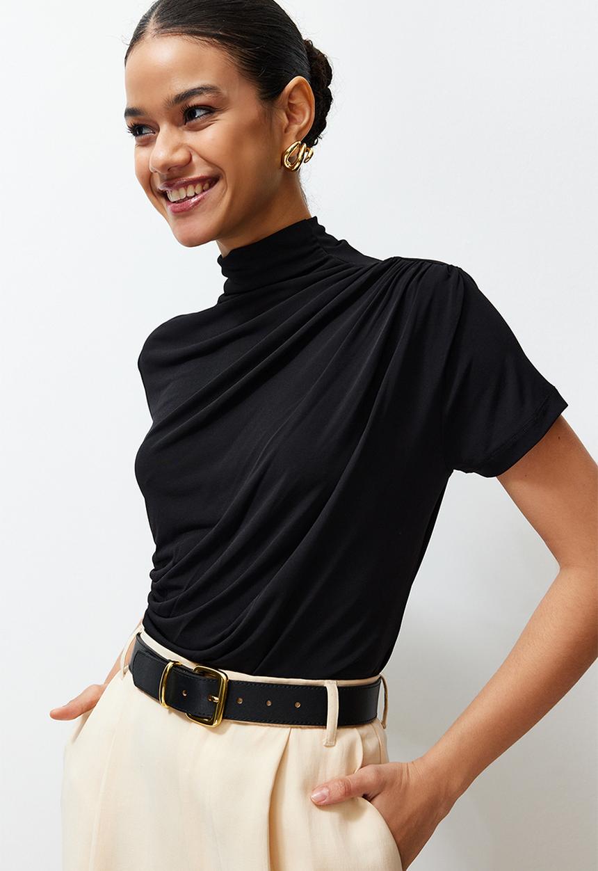 Trendyol - Shirring/Drape Detailed Fitted Stand Collar Stretch Knitted Blouse - Black