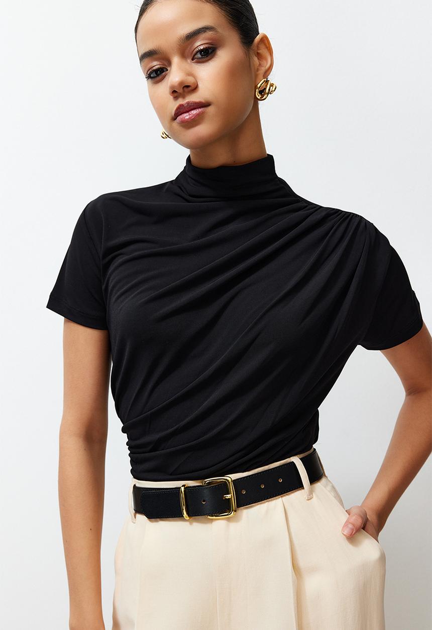 Trendyol - Shirring/Drape Detailed Fitted Stand Collar Stretch Knitted Blouse - Black