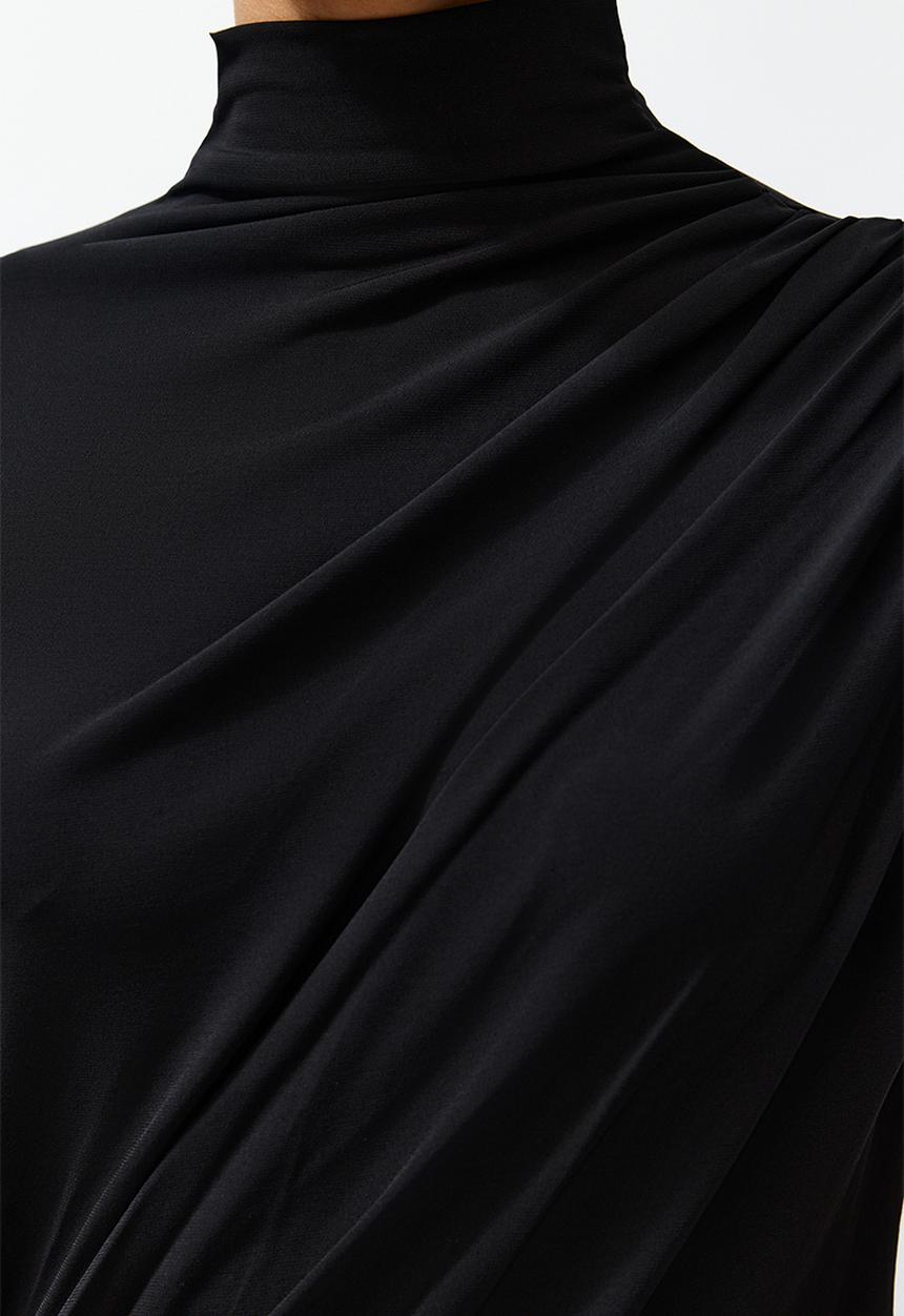 Trendyol - Shirring/Drape Detailed Fitted Stand Collar Stretch Knitted Blouse - Black