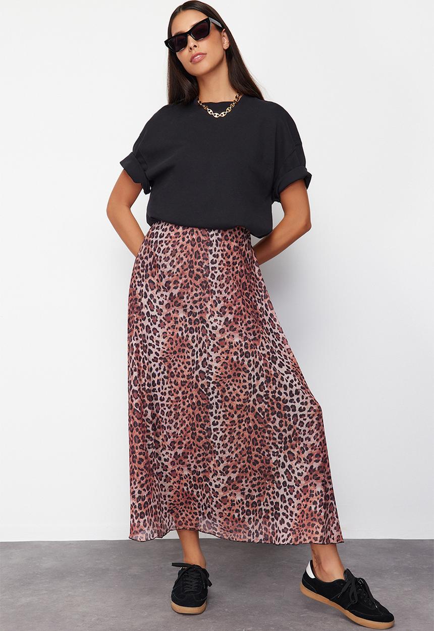 Trendyol - Leopard Patterned Woven Skirt - Brown