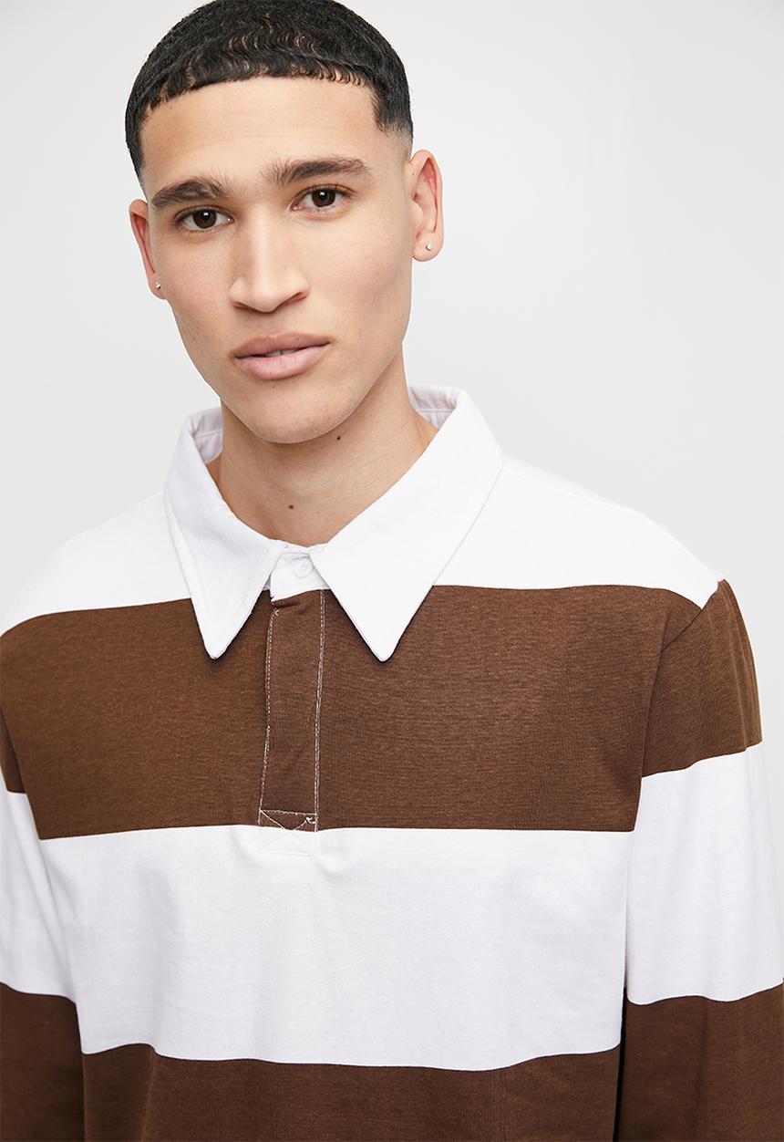 Long sleeve rugby stripe johnny collar tee - brown/white