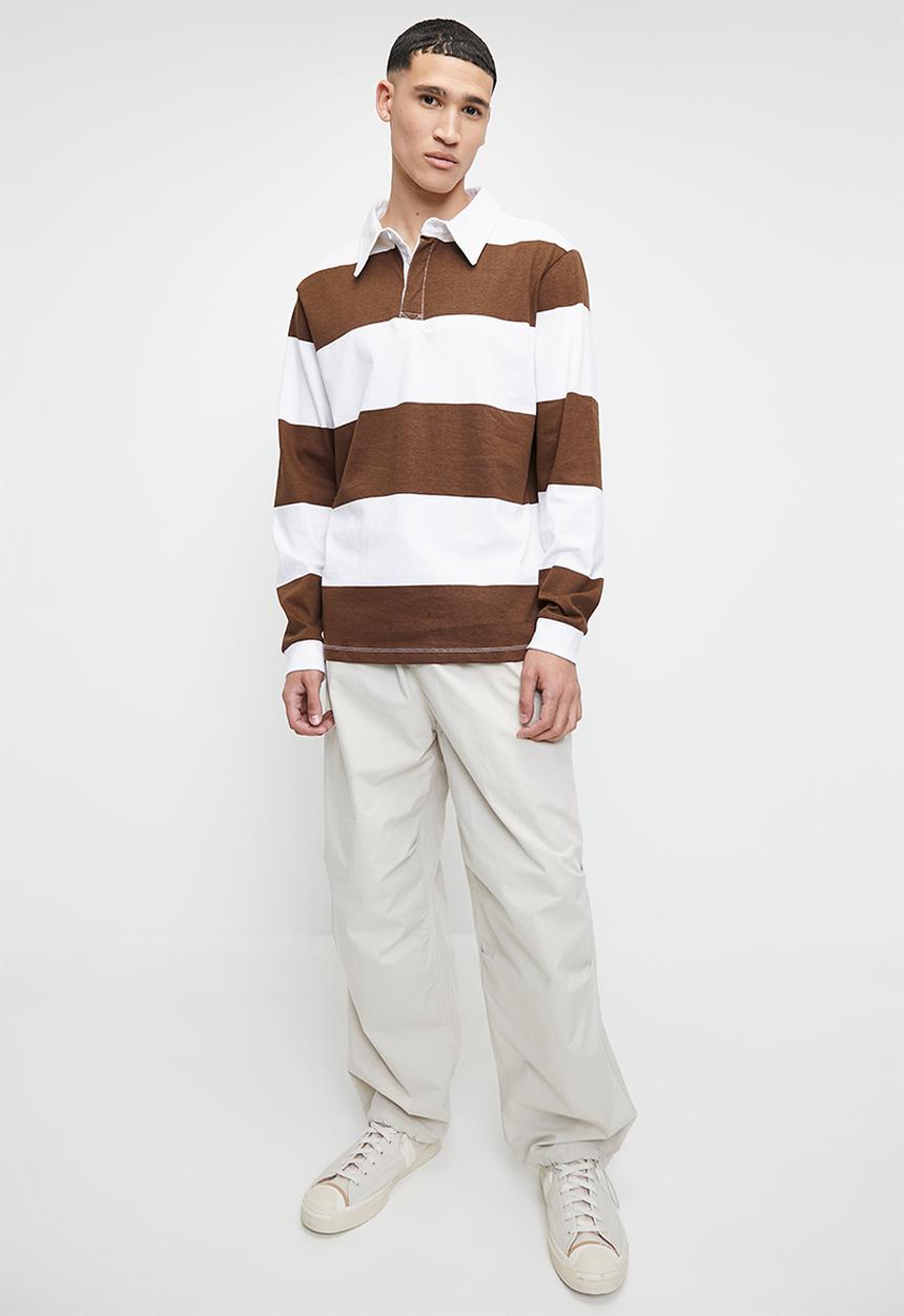 Long sleeve rugby stripe johnny collar tee - brown/white