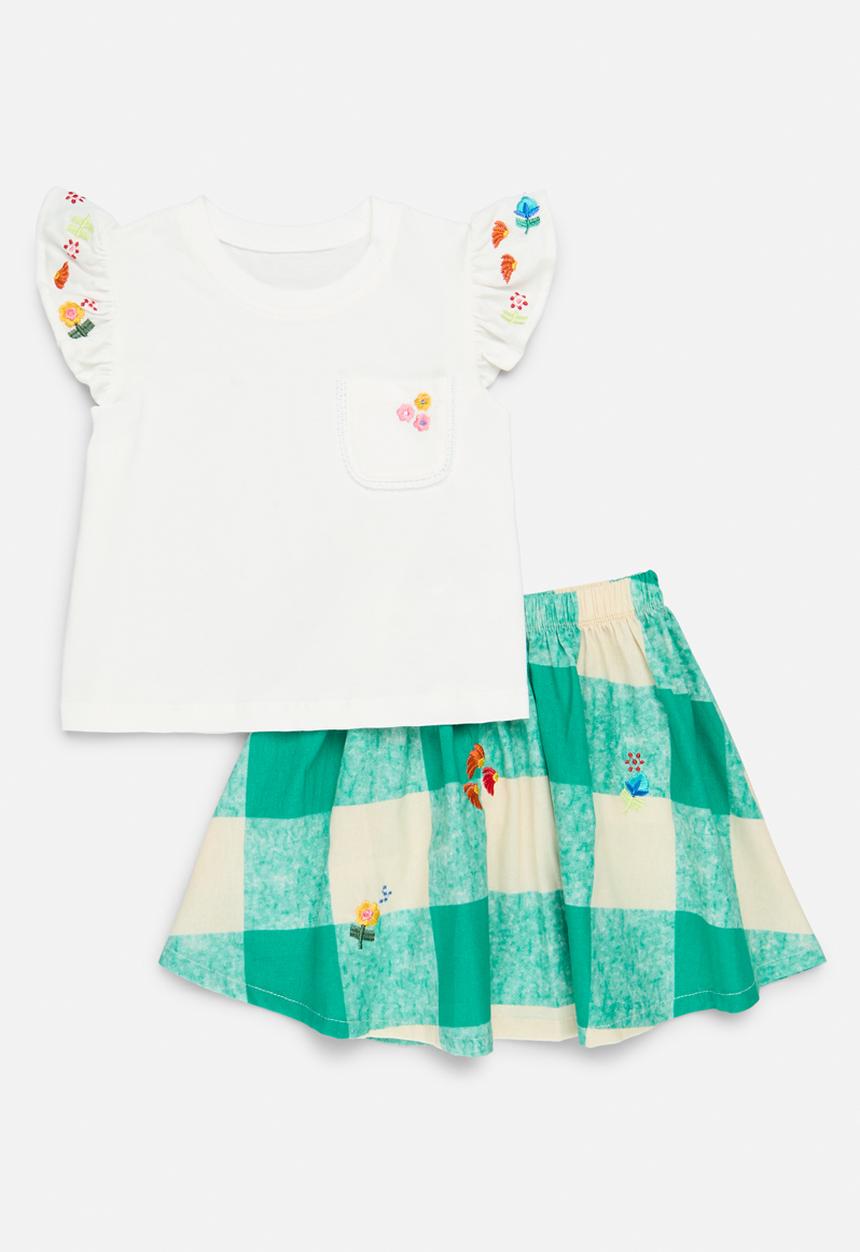 Pop Candy - Top and Check skirt set - green & white