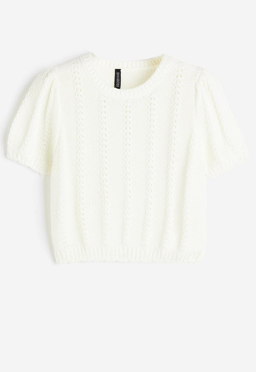 H&M - Textured-knit puff-sleeved top - cream