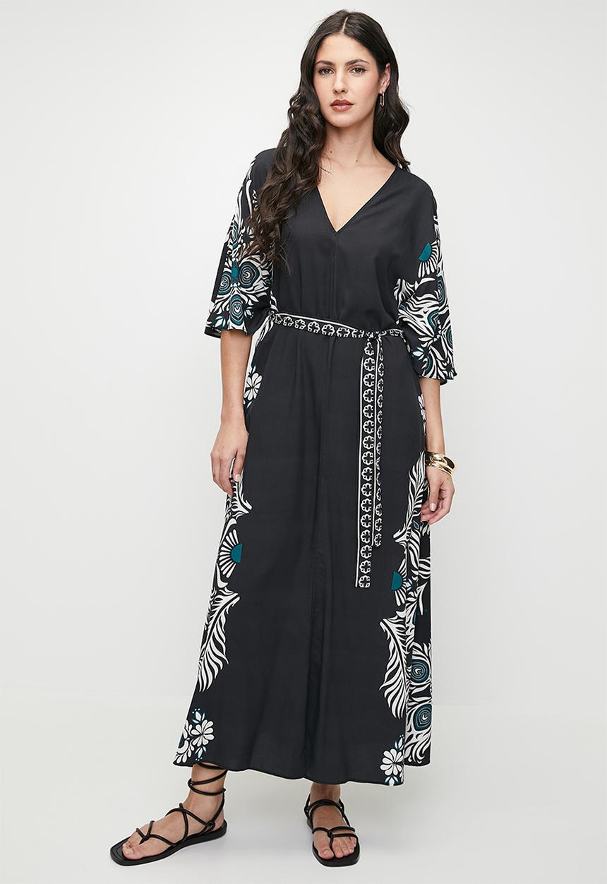 edit - Printed kaftan maxi dress with ties - black teal engineered wreath