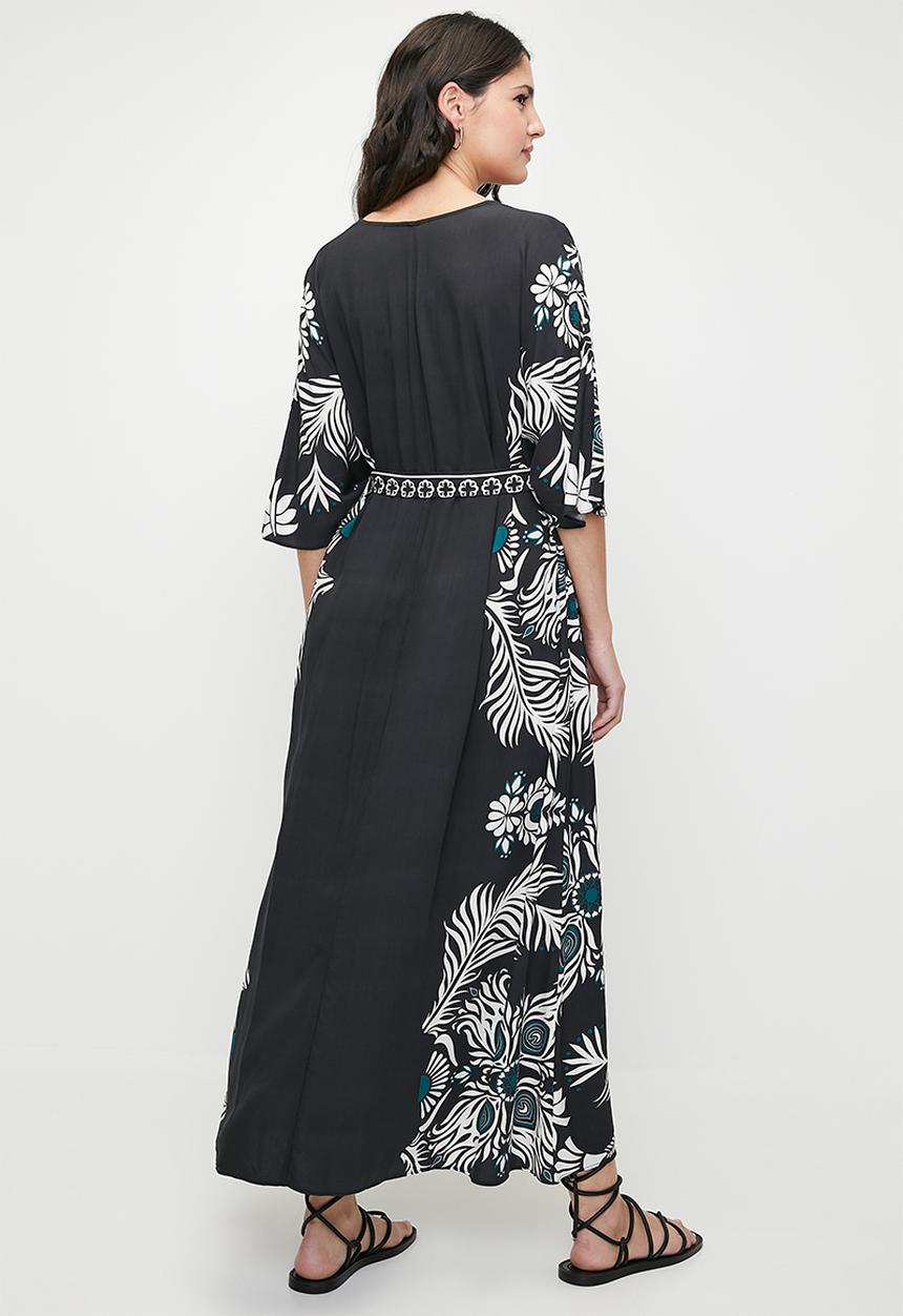 edit - Printed kaftan maxi dress with ties - black teal engineered wreath