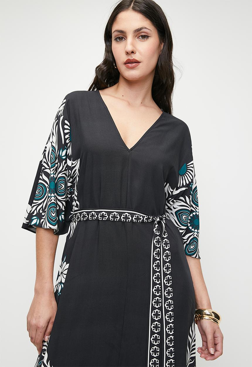 edit - Printed kaftan maxi dress with ties - black teal engineered wreath