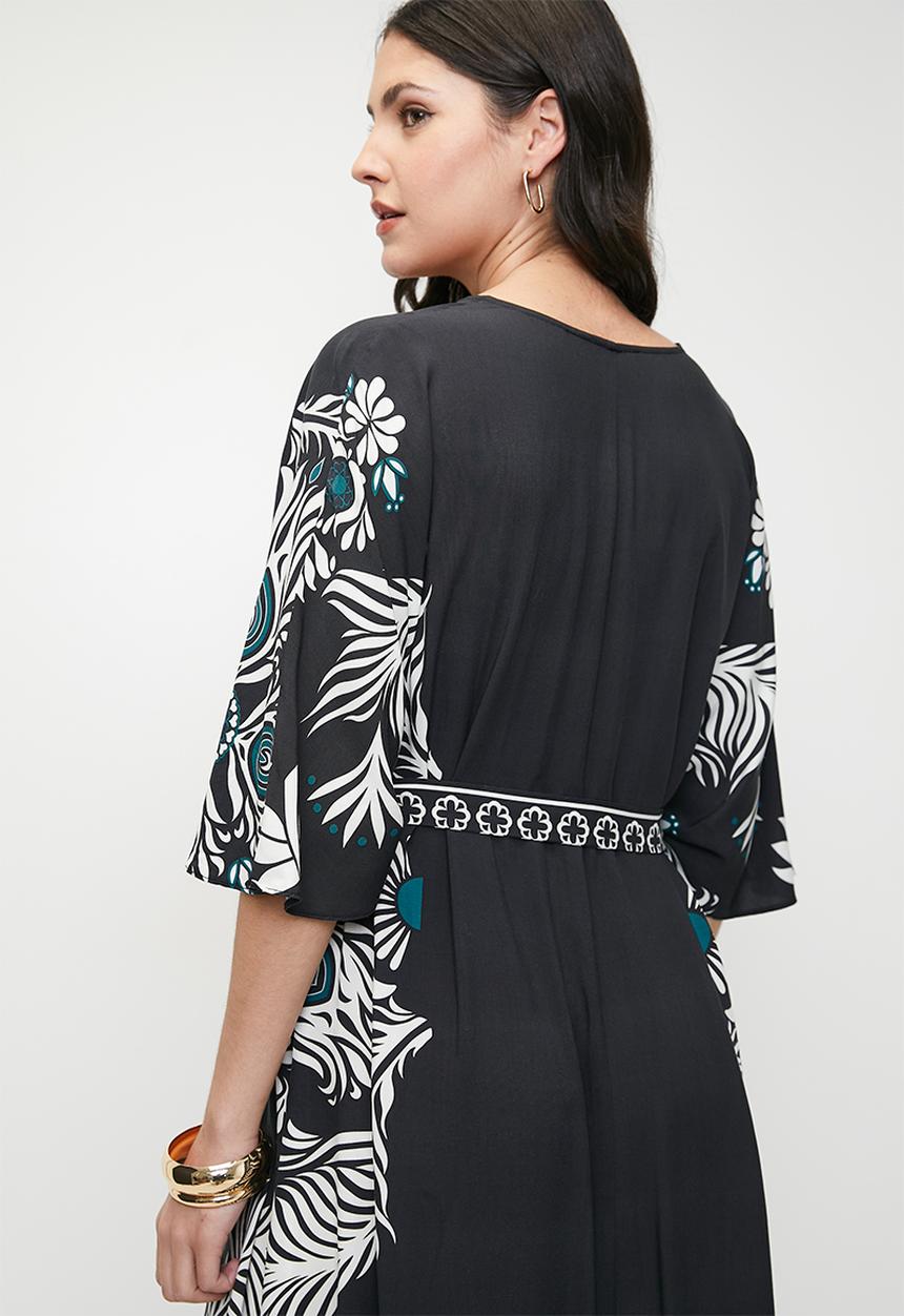edit - Printed kaftan maxi dress with ties - black teal engineered wreath
