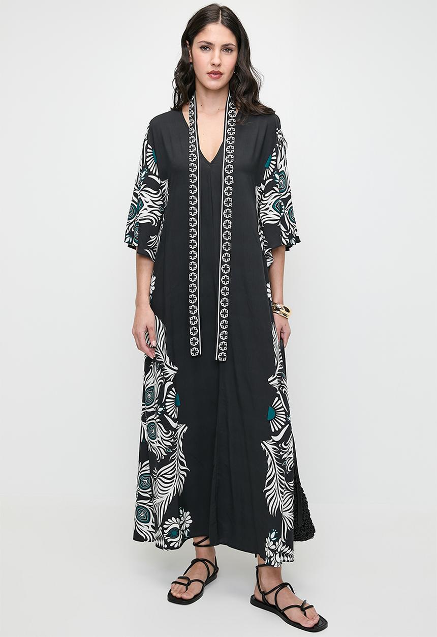 edit - Printed kaftan maxi dress with ties - black teal engineered wreath