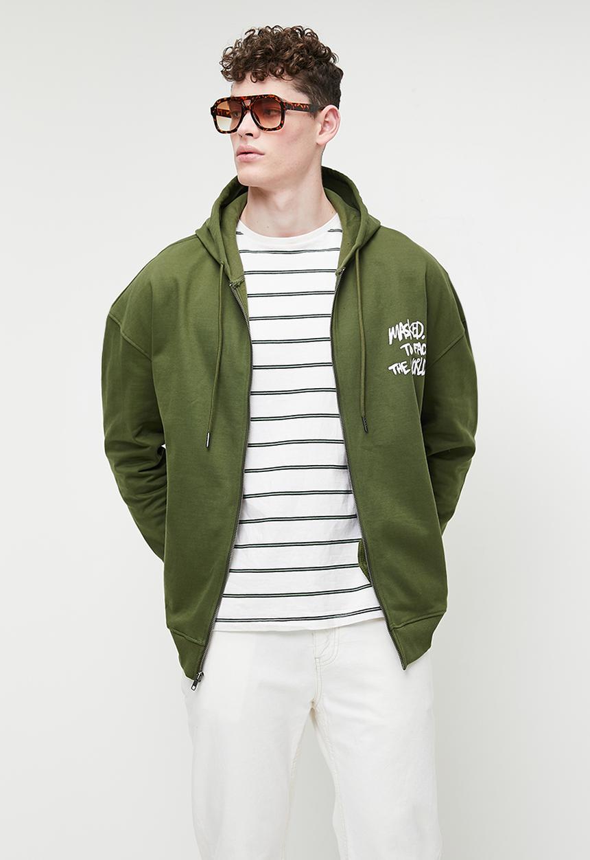 Superbalist - Relaxed Fit Print Zip Thru Hoodie - Olive