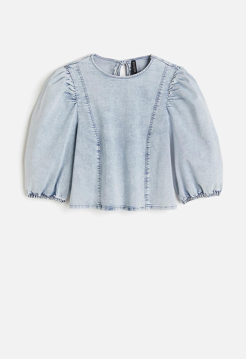 H&M - Puff-sleeved denim top - pale denim blue