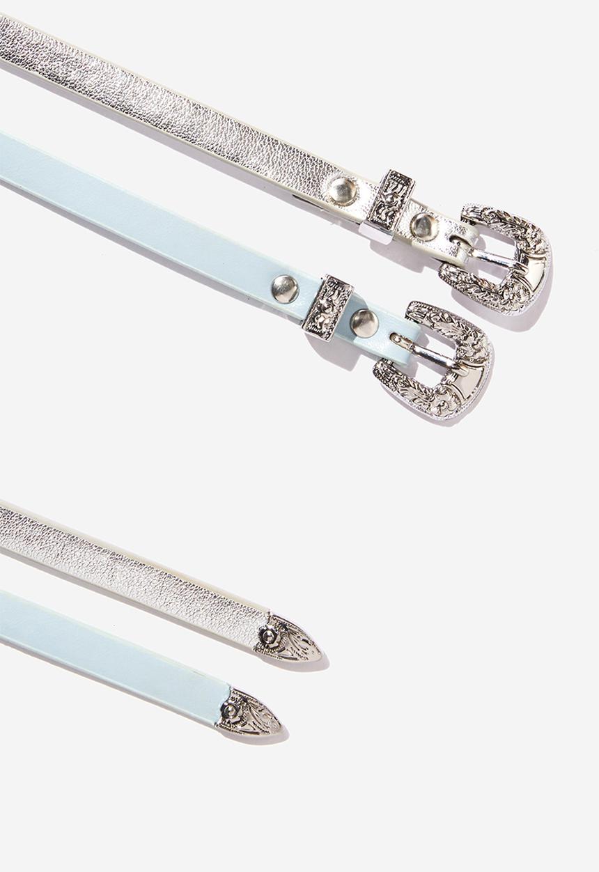 Rubi - 2 Pack super skinny buckle belt - light blue/silver