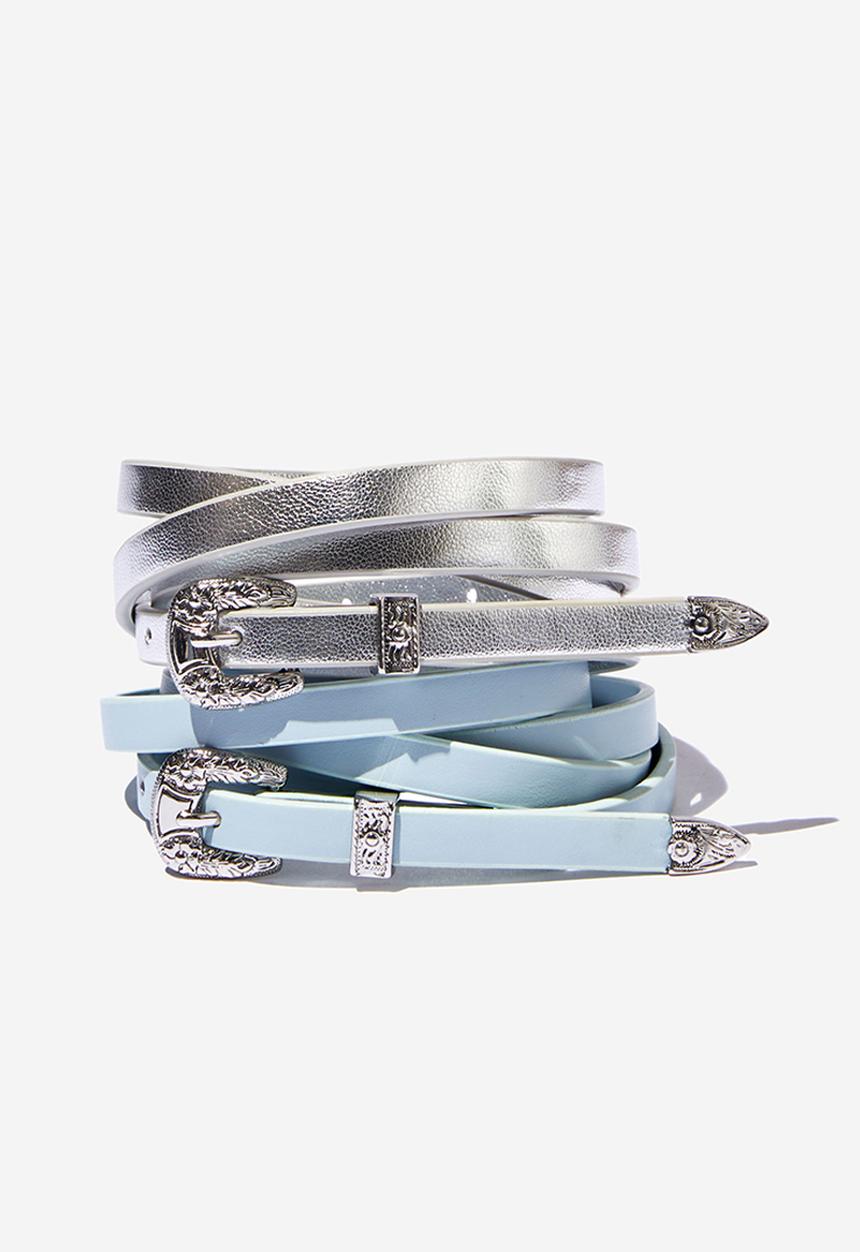 Rubi - 2 Pack super skinny buckle belt - light blue/silver