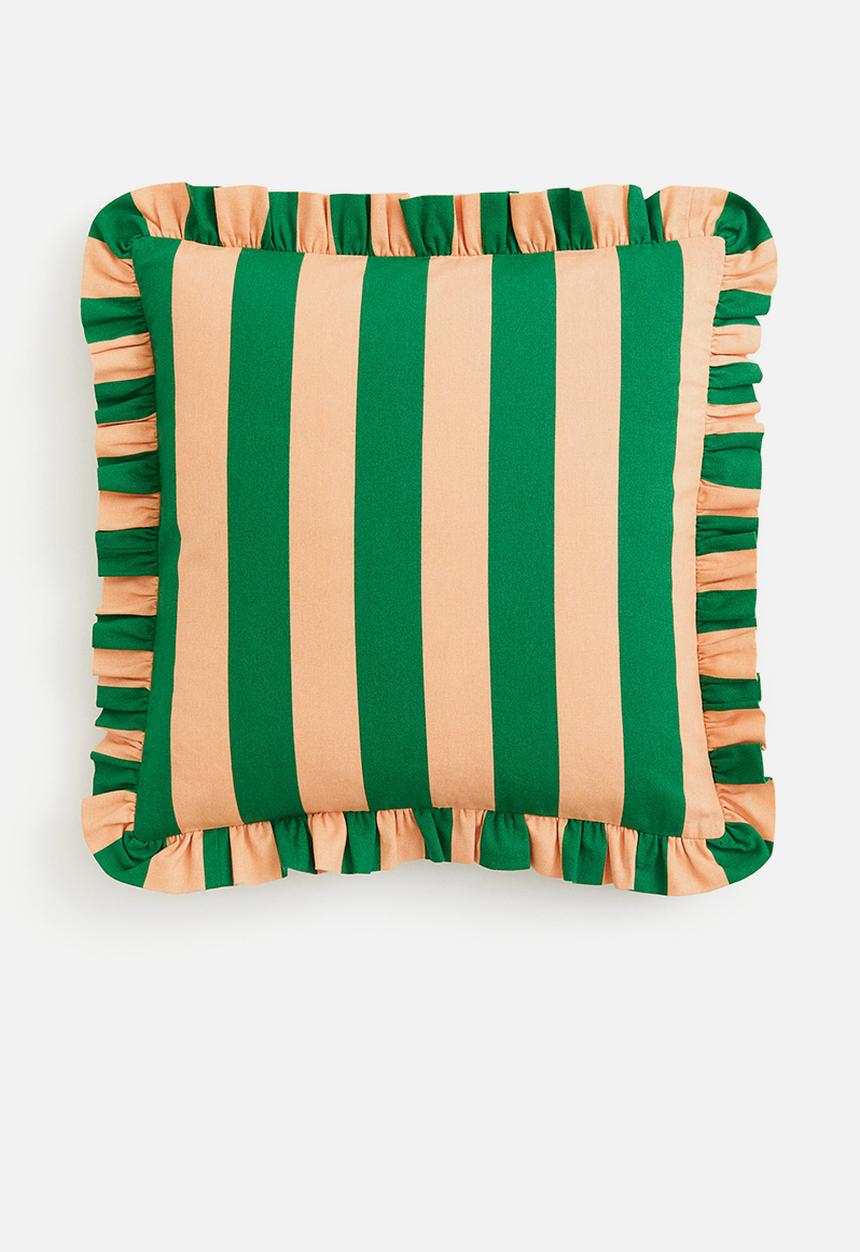 H&M - Frill-trimmed cushion cover - green striped