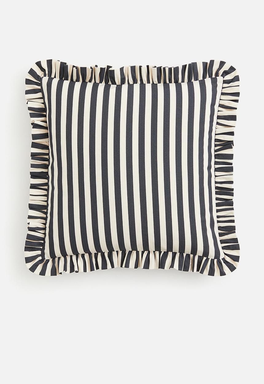 H&M - Frill-trimmed cushion cover - dark grey striped