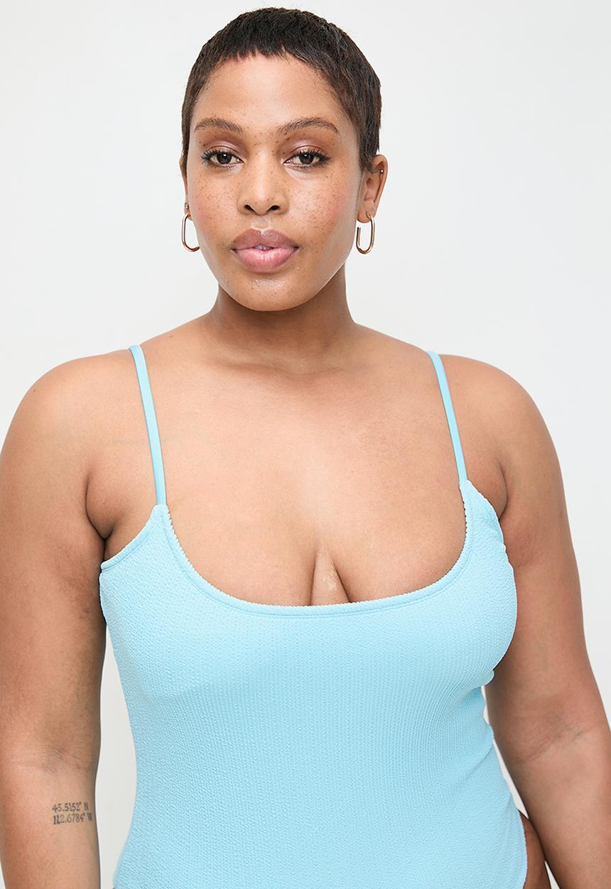 Cotton On - Plus Thin Strap Low Scoop One Piece Cheeky - Paradise Blue Crinkle
