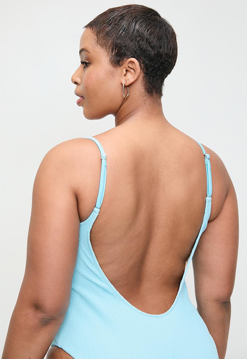 Cotton On - Plus Thin Strap Low Scoop One Piece Cheeky - Paradise Blue Crinkle