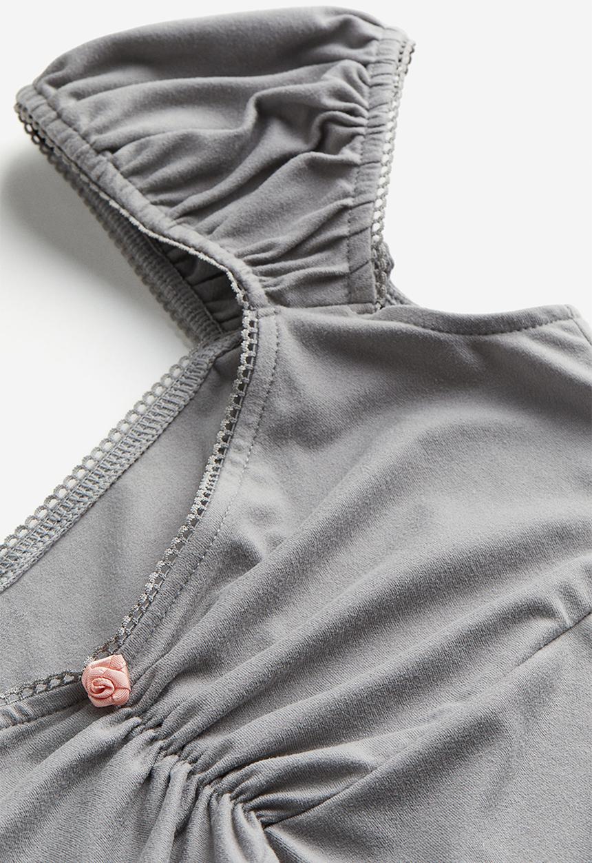 H&M - Picot-trimmed puff-sleeved top - grey