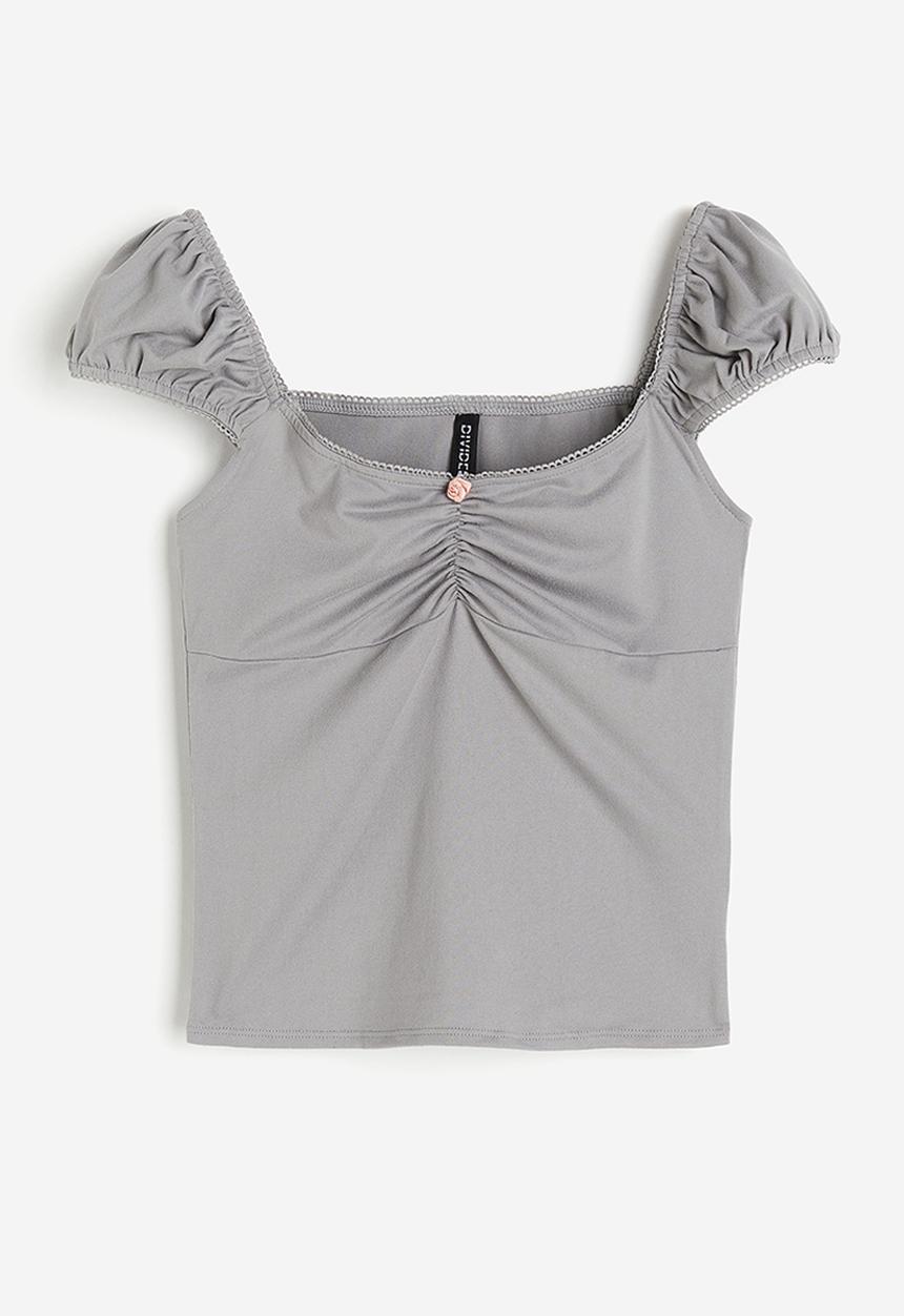 H&M - Picot-trimmed puff-sleeved top - grey