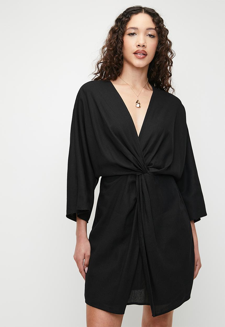 Superbalist - Linen blend knot wrap mini dress - black