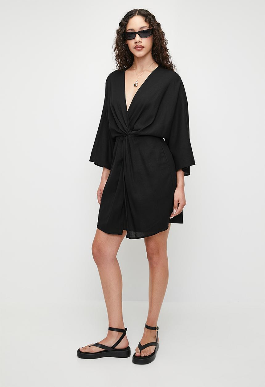 Superbalist - Linen blend knot wrap mini dress - black