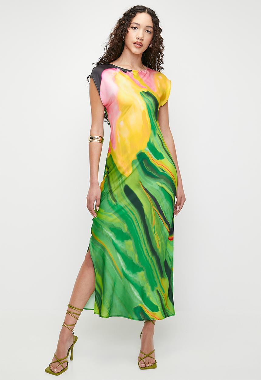 Superbalist - Printed slash neck satin slip midi tee dress - painted floral border